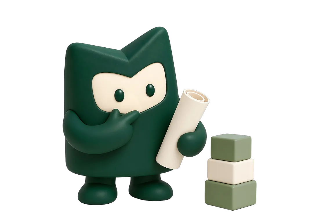 Das Mandatly-Maskottchen hält eine Hand ans Kinn und überlegt, in der anderen Hand eine Papierrolle, daneben gestapelte Blöcke.