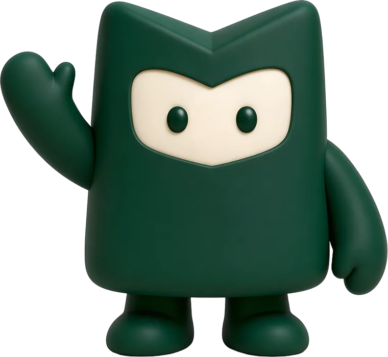 Das Mandatly-Maskottchen, eine dunkelgrüne Figur mit Ordner-Kerbe oben und heller Gesichtsmaske, winkt freundlich.